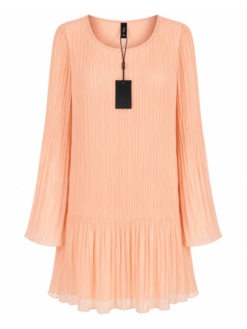 NWT YAS YasPelissa Pleated Mini Dress Sz M Apricot Long Bell Sleeve Shift Tunic